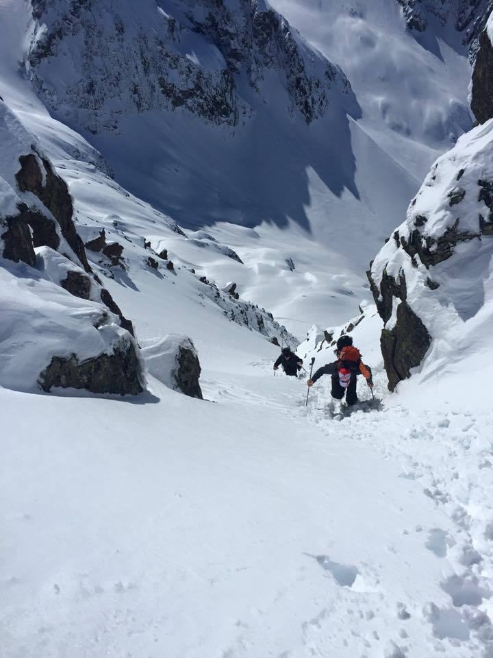 J. Chung boots up the top of the couloir (photo credit: S. Waud)